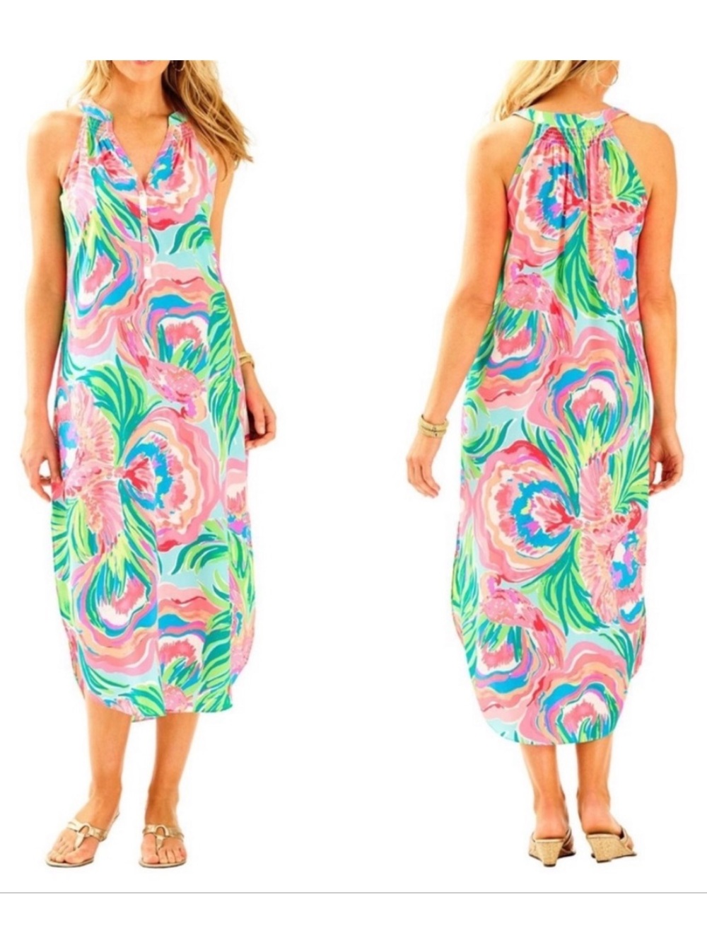 Lilly Pulitzer Bailey Silk Midi Dress - Serene Blue Paradise Bound L NWT